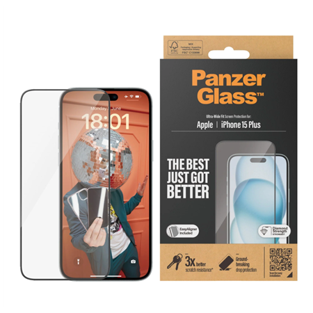 PanzerGlass | Screen protector | Apple | IPhone 15 Plus | Glass | Transparent | Ultra-wide fit, Scratch resistant, Drop protecti