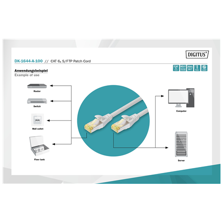 CAT 6A S/FTP | Patch cord | Length 10 m | Grey