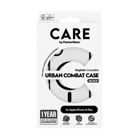 CARE by PanzerGlass Case Flagship Urban Combat | Back protection | Apple | iPhone 16 Plus | Recycled plastic | Transparent/Black