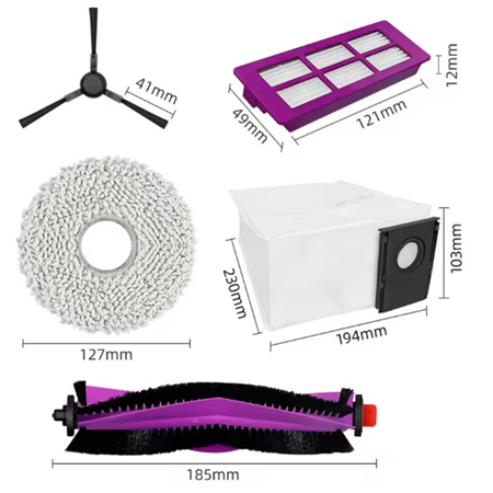 Midea V15 Spare Parts kit: 1x Side Brush, 2x Mop Pad, 1x Roller Brush, 1x Filter, 1x Dust Bag