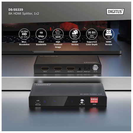 Digitus 8K HDMI Splitter, 1x2 | DS-55339 | Black