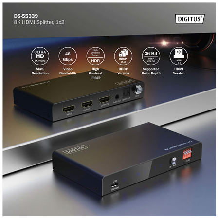 Digitus 8K HDMI Splitter, 1x2 | DS-55339 | Black