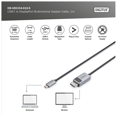 Digitus Bi-directional Adapter Cable | DB-300334-010-S | USB-C to DisplayPort