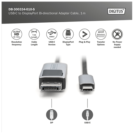 Digitus Bi-directional Adapter Cable | DB-300334-010-S | USB-C to DisplayPort