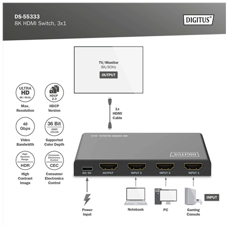 Digitus 8K HDMI Switch, 3x1 | DS-55333 | Black