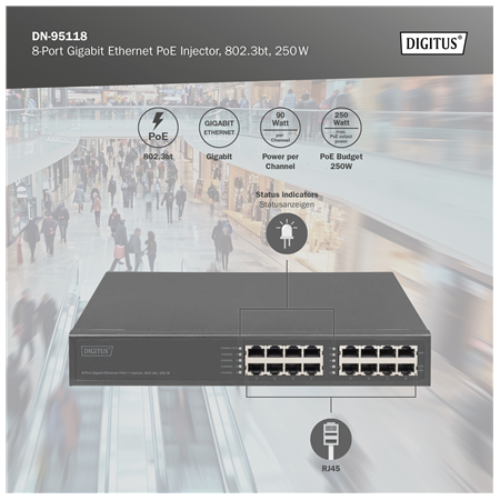 8-Port Gigabit Ethernet PoE Injector, 802.3bt, 250 W | DN-95118