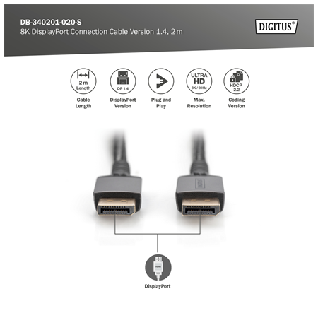 Digitus 8K DisplayPort Connection Cable Version 1.4 | DB-340201-020-S | DisplayPort to DisplayPort