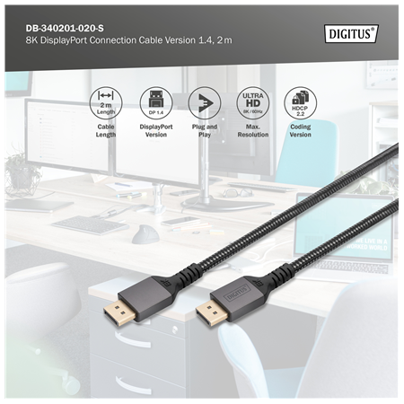 Digitus 8K DisplayPort Connection Cable Version 1.4 | DB-340201-020-S | DisplayPort to DisplayPort