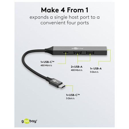 Goobay Slim 4-Port USB Hub, USB-C to USB-C/USB-A, 5 Gbit/s | 74459