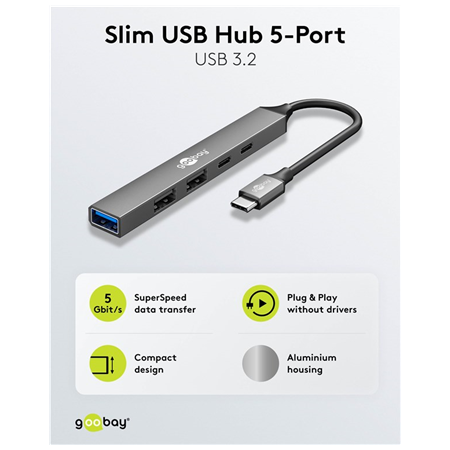 Goobay Slim 5-Port USB Hub, USB-C to USB-C/USB-A, 5 Gbit/s | 74460