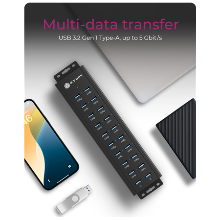 Raidsonic | 20-in-1 USB HUB with power supply, on/off button and mounting brackets | IB-HUB1720-U3