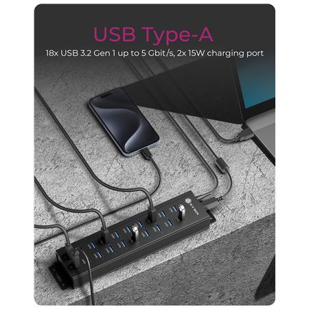 Raidsonic | 20-in-1 USB HUB with power supply, on/off button and mounting brackets | IB-HUB1720-U3