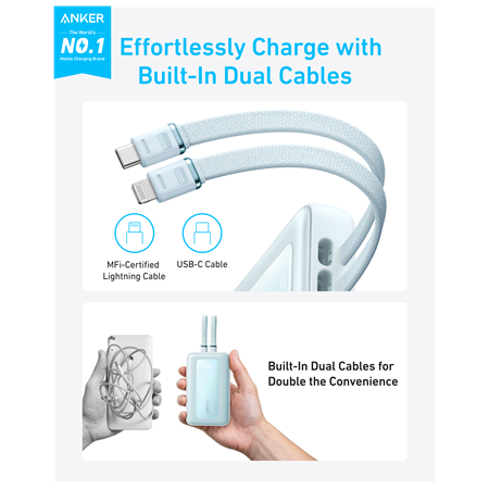 Anker Power Bank with Built-In USB-C and + Lighting Cable | A1680031 | 10000 mAh | 30W | Blue