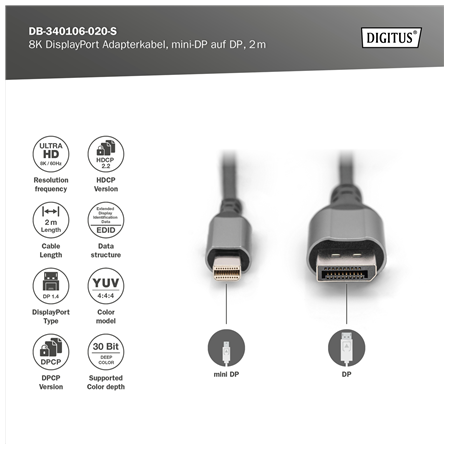 Digitus 8K DisplayPort Adapter Cable, Mini DP to DP, 2 m | DB-340106-020-S | DisplayPort to DisplayPort