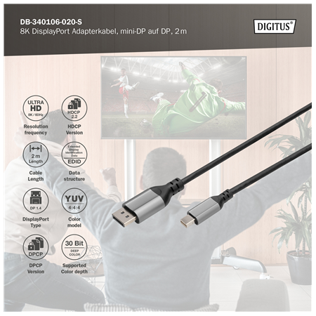 Digitus 8K DisplayPort Adapter Cable, Mini DP to DP, 2 m | DB-340106-020-S | DisplayPort to DisplayPort
