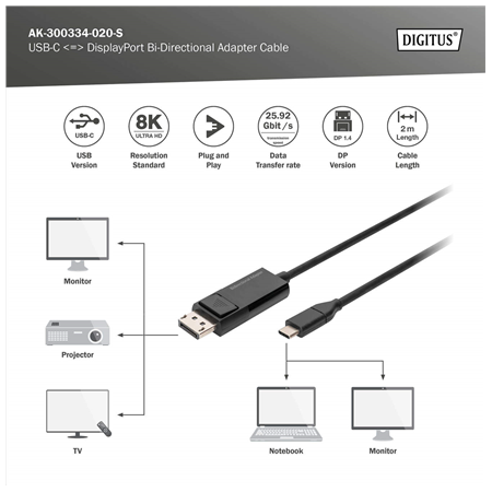 Digitus | Bi-Directional Adapter Cable 2 m | AK-300334-020-S | USB Type C to DisplayPort