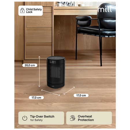 Mill FH1500BLACK | Ceramic fan heater | 1500 W | Suitable for rooms up to 22 m² | Black