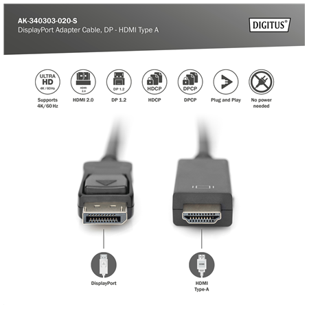 Digitus Adapter Cable, DP - HDMI type A | DisplayPort to HDMI | 2 m