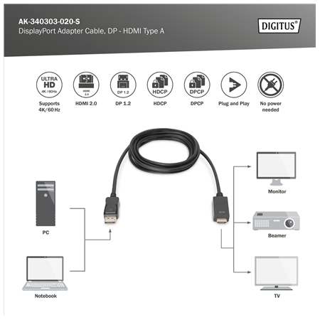 Digitus Adapter Cable, DP - HDMI type A | DisplayPort to HDMI | 2 m