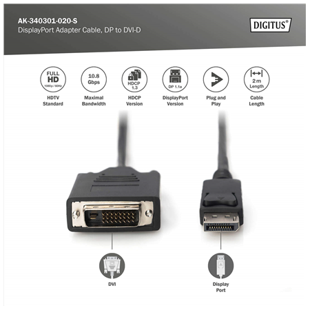 Digitus Adapter Cable, DP - DVI | DisplayPort | 2 m
