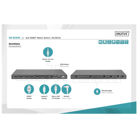 Digitus | 4x2 HDMI Matrix Switch, 4K/60Hz | DS-55509