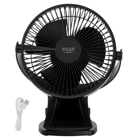 Adler Rechargeable Clip-on Desk Fan | AD 7342 | Table Fan | Black | Diameter 15.5 cm | Number of speeds 3 | Oscillation | 5 W