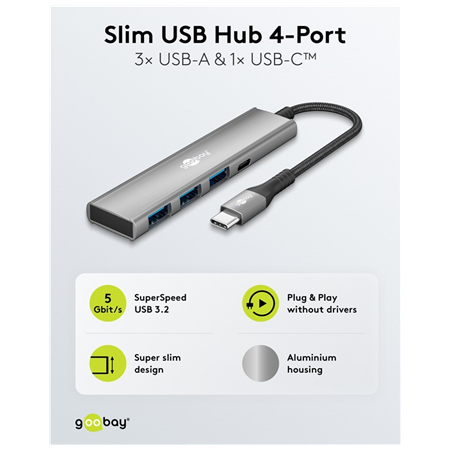 Goobay Slim 4-Port USB Hub, USB-C to USB-C/USB-A, 5 Gbit/s | 76562