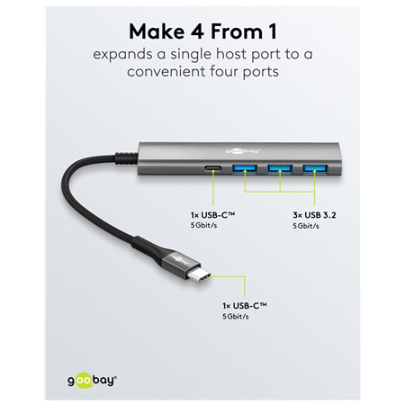 Goobay Slim 4-Port USB Hub, USB-C to USB-C/USB-A, 5 Gbit/s | 76562