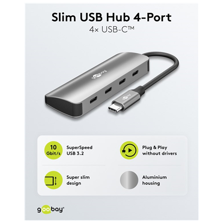 Goobay Slim 4-Port USB-Hub, USB-C auf USB-C, 10 Gbit/s, Grey | 76565