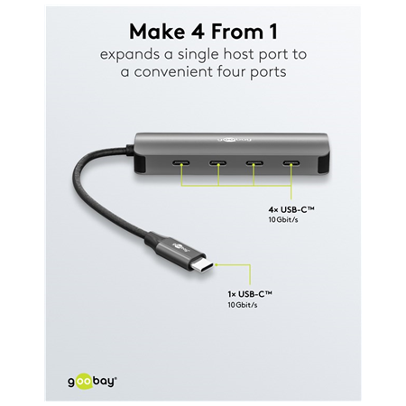 Goobay Slim 4-Port USB-Hub, USB-C auf USB-C, 10 Gbit/s, Grey | 76565