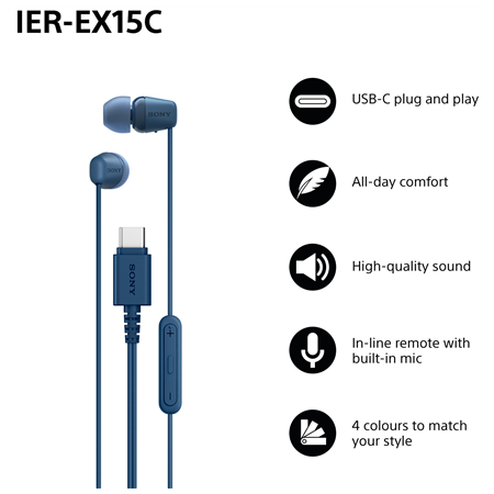 Sony Earbuds | IER‑EX15C | Wired | In-ear | Microphone | Blue