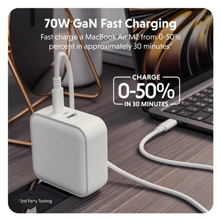 Hyper HyperJuice 70W USB-C GaN Travel Charger, White | HJ1003WHWWGL