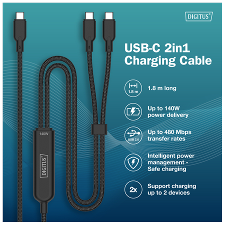 Digitus USB-C 2in1 charging cable, 140W | AK-300170-018-S