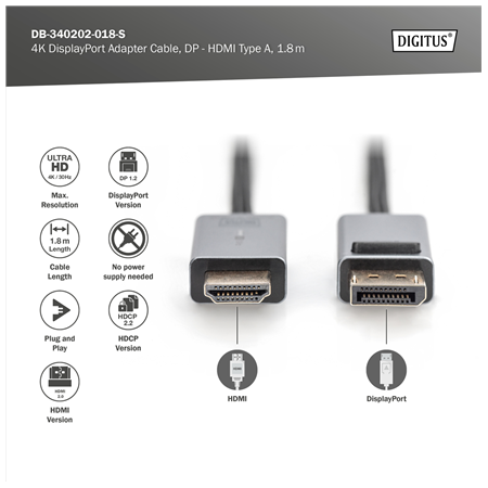 Digitus 4K DisplayPort Adapter Cable, DP - HDMI Type A | DB-340202-018-S | 1.8 m
