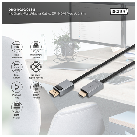 Digitus 4K DisplayPort Adapter Cable, DP - HDMI Type A | DB-340202-018-S | 1.8 m