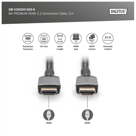 Digitus 8K HDMI Ultra High Speed Connection Cable | DB-330200-020-S | 2 m