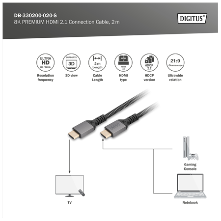 Digitus 8K HDMI Ultra High Speed Connection Cable | DB-330200-020-S | 2 m