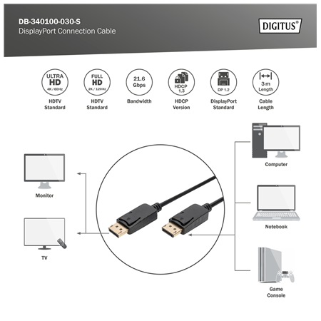 Digitus DisplayPort Connection Cable | DB-340100-030-S | 3 m
