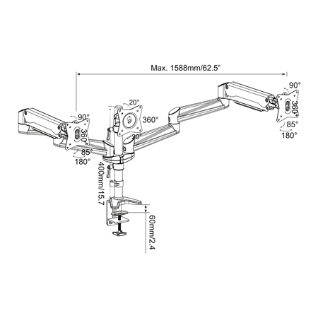 Digitus Desk Mount | Triple Monitor Gas Spring Mount DA-90363 | Adjustable Height, Tilt, Swivel | 15-27 " | Maximum weight (capa