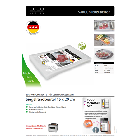 Caso | Sealed edge bags | 01283 | 100 bags | Dimensions (W x L) 15 x 20  cm