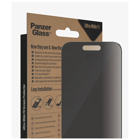 PanzerGlass | Screen protector | Apple | iPhone 14 Pro | Glass | Black | Ultra-Wide Fit; Easy installation; Privacy Filter; Fing