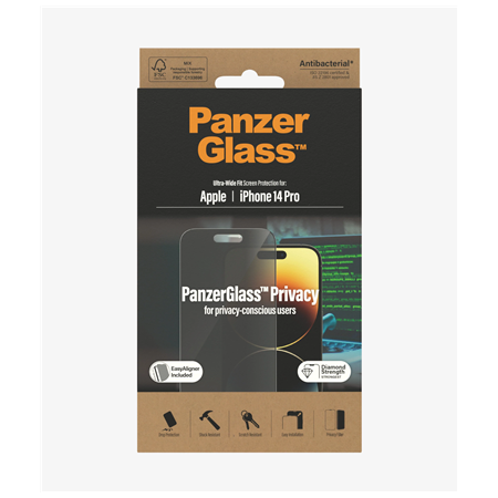 PanzerGlass | Screen protector | Apple | iPhone 14 Pro | Glass | Black | Ultra-Wide Fit; Easy installation; Privacy Filter; Fing