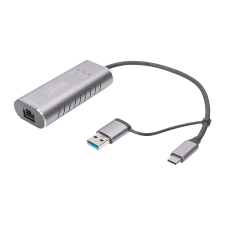 Digitus USB Type-C Gigabit Ethernet Adapter 2.5G, USB-C + USB A (USB3.1/3.0) | DN-3028 | USB3.0/USB C 3.1 to 2.5G Ethernet Adapt
