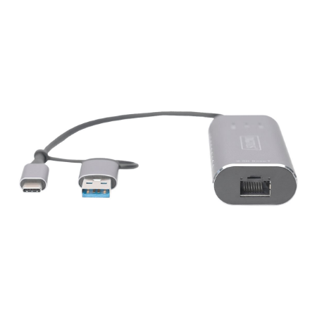 Digitus USB Type-C Gigabit Ethernet Adapter 2.5G, USB-C + USB A (USB3.1/3.0) | DN-3028 | USB3.0/USB C 3.1 to 2.5G Ethernet Adapt