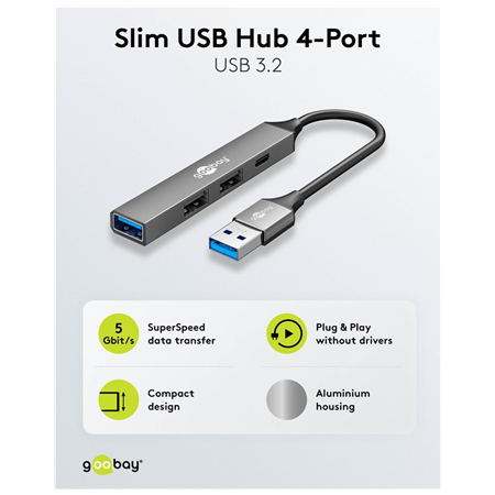 Goobay Slim 4-Port USB Hub, USB-A to USB-C/USB-A, 5 Gbit/s | 74458