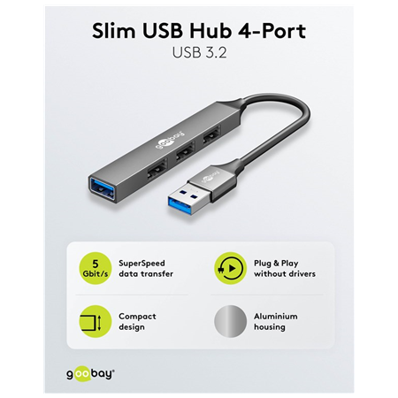 Goobay Slim 4-Port USB Hub, USB-A to USB-A, 5 Gbit/s | 74456
