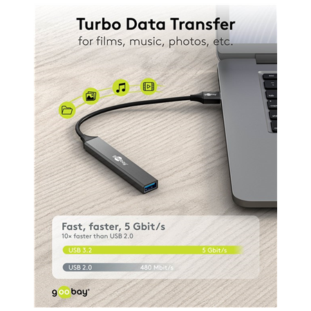 Goobay Slim 4-Port USB Hub, USB-A to USB-A, 5 Gbit/s | 74456