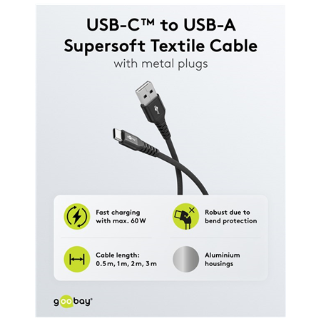 Goobay USB-C to USB-A Supersoft Textile Cable with Metal Plugs | 74526 | USB-C to USB-A