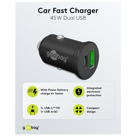 Goobay Dual-USB Car Fast Charger USB-C PD (Power Delivery), 45 W | 61739
