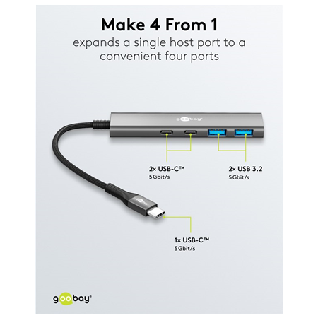 Goobay Slim 4-Port USB Hub, USB-C to USB-C/USB-A, 5 Gbit/s | 76563